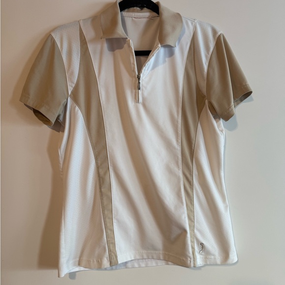 Izod Golf Tops - Golf - White and Tan Short Sleeve Polo Shirt
